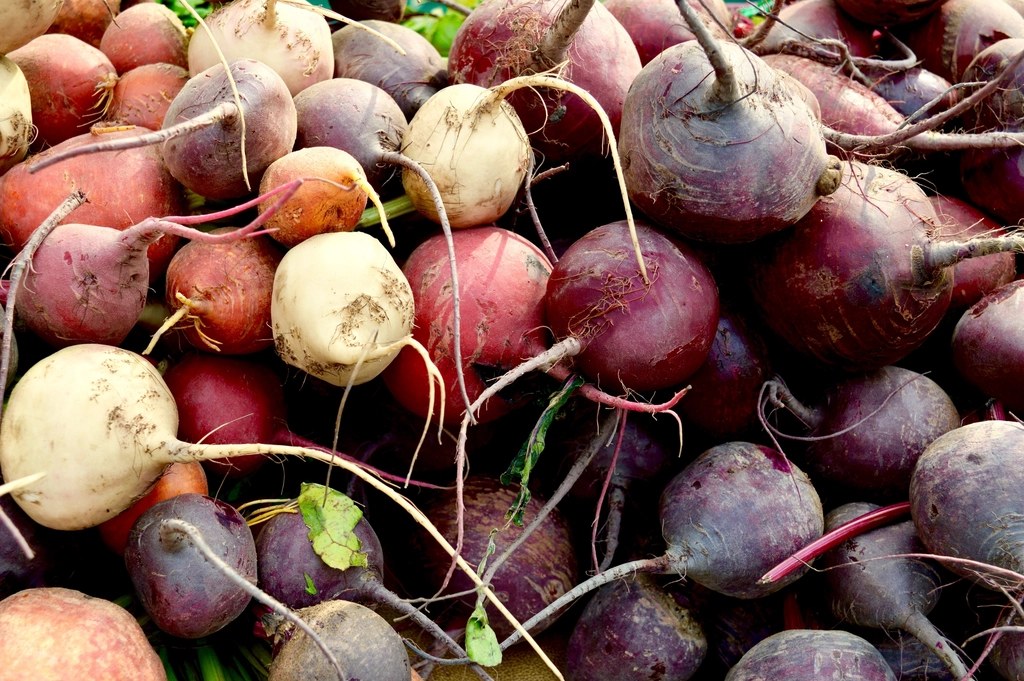 A pile of fresh red, purple and golden beetroots with roots attached