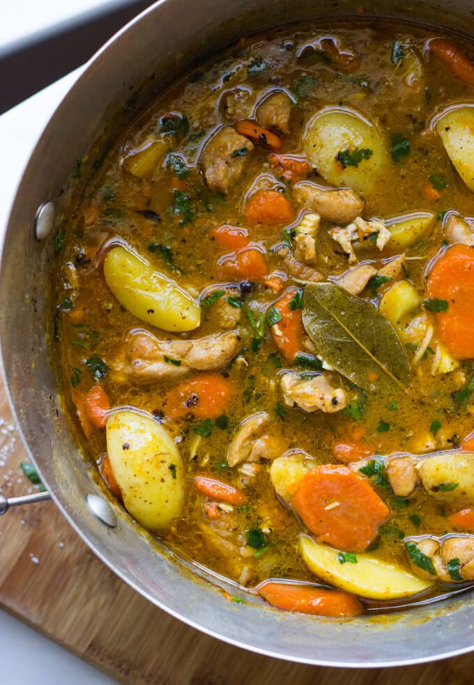 A bowl of chicken and vegetable stew