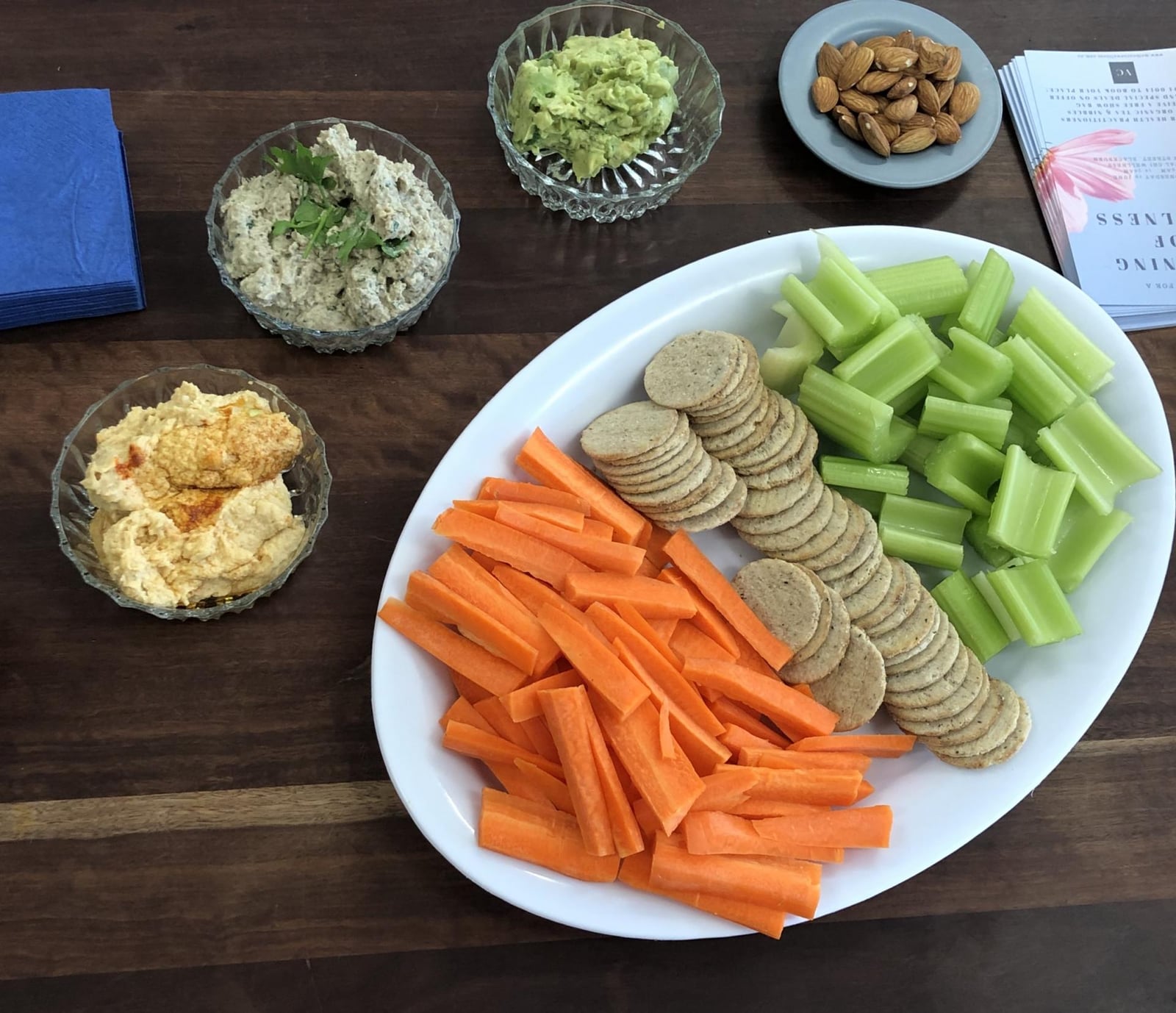 Vegetable sticks and crackers served with dips