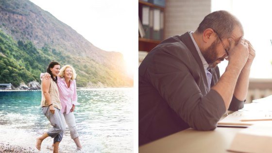 A photo collage of two women beside a lake and a man seated at a desk