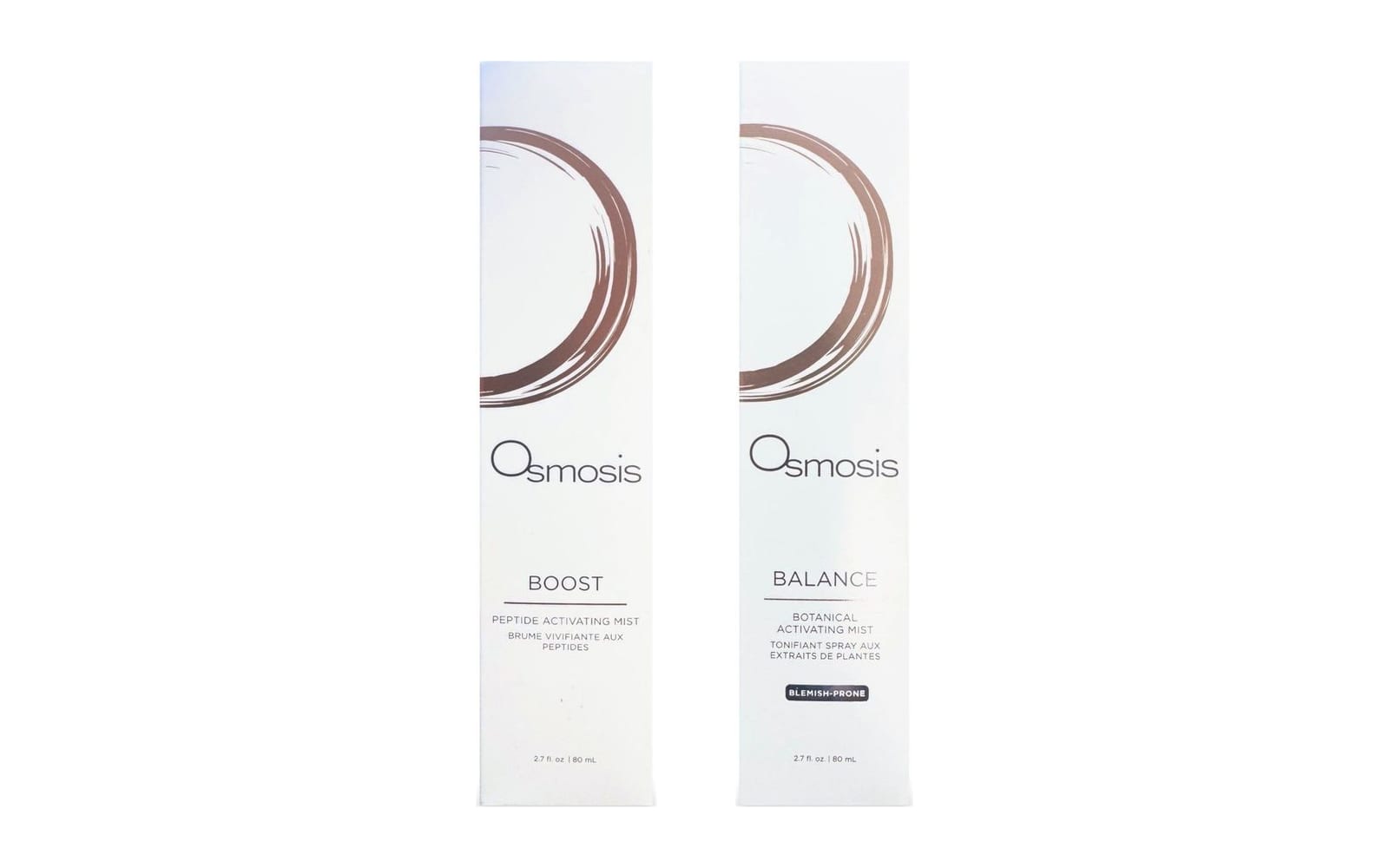 Osmosis Boost and Balance activating mist boxes side by side, a 3D render on white