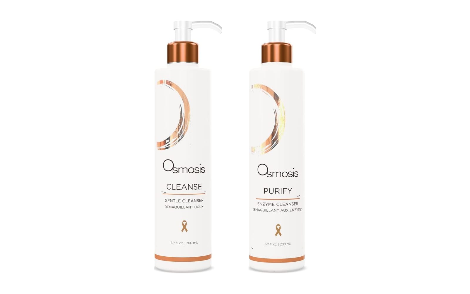 Osmosis Cleanse and Purify cleanser bottles side by side, a 3D render on white