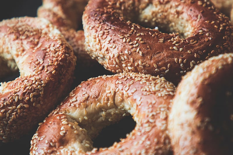Seeded bread bagels arranged together