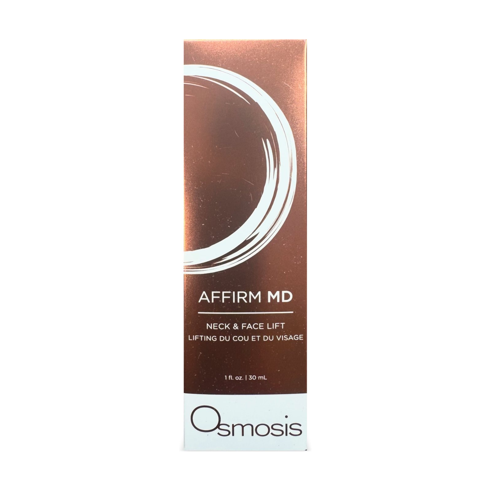 Osmosis Affirm MD Neck & Face Lift 30 mL, copper-brown box with white brushstroke ring, front, 3D view