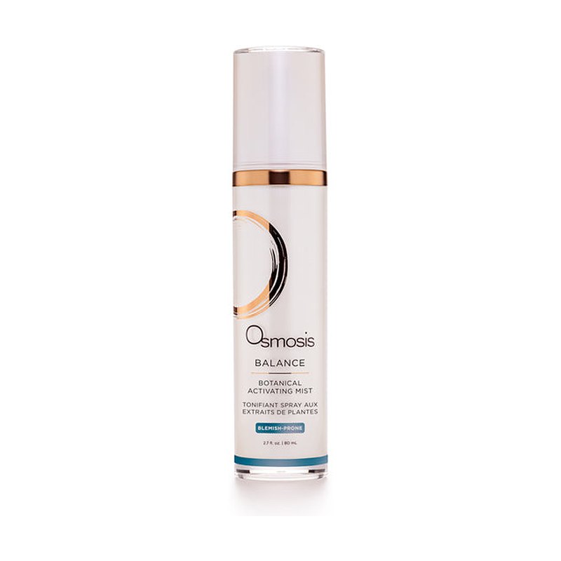 Osmosis Balance Botanical Activating Mist 80 mL, white box with copper brushstroke ring and blemish-prone label, front