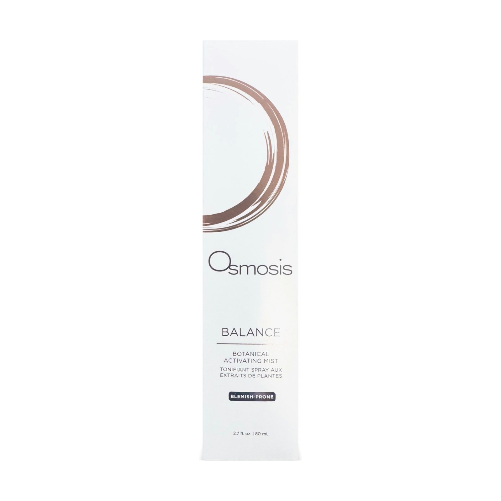 Osmosis Balance Botanical Activating Mist 80 mL, white box with copper brushstroke ring and blemish-prone label, front, 3D view