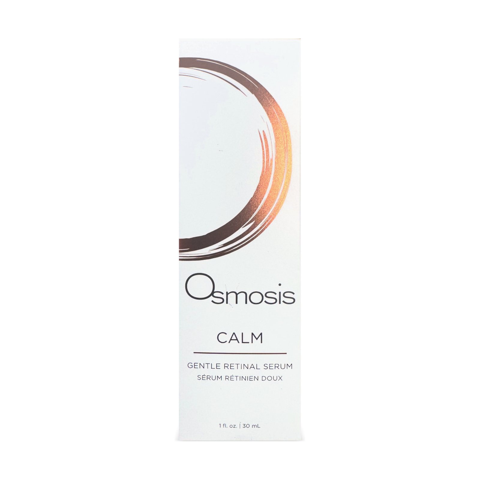 Osmosis Calm Gentle Retinal Serum 30 mL, white box with copper brushstroke ring, front, 3D view