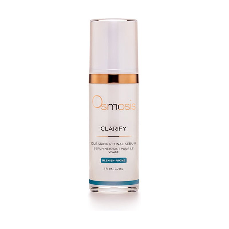 Osmosis Clarify Clearing Retinal Serum 30 mL, white box with copper brushstroke ring and blemish-prone label, front