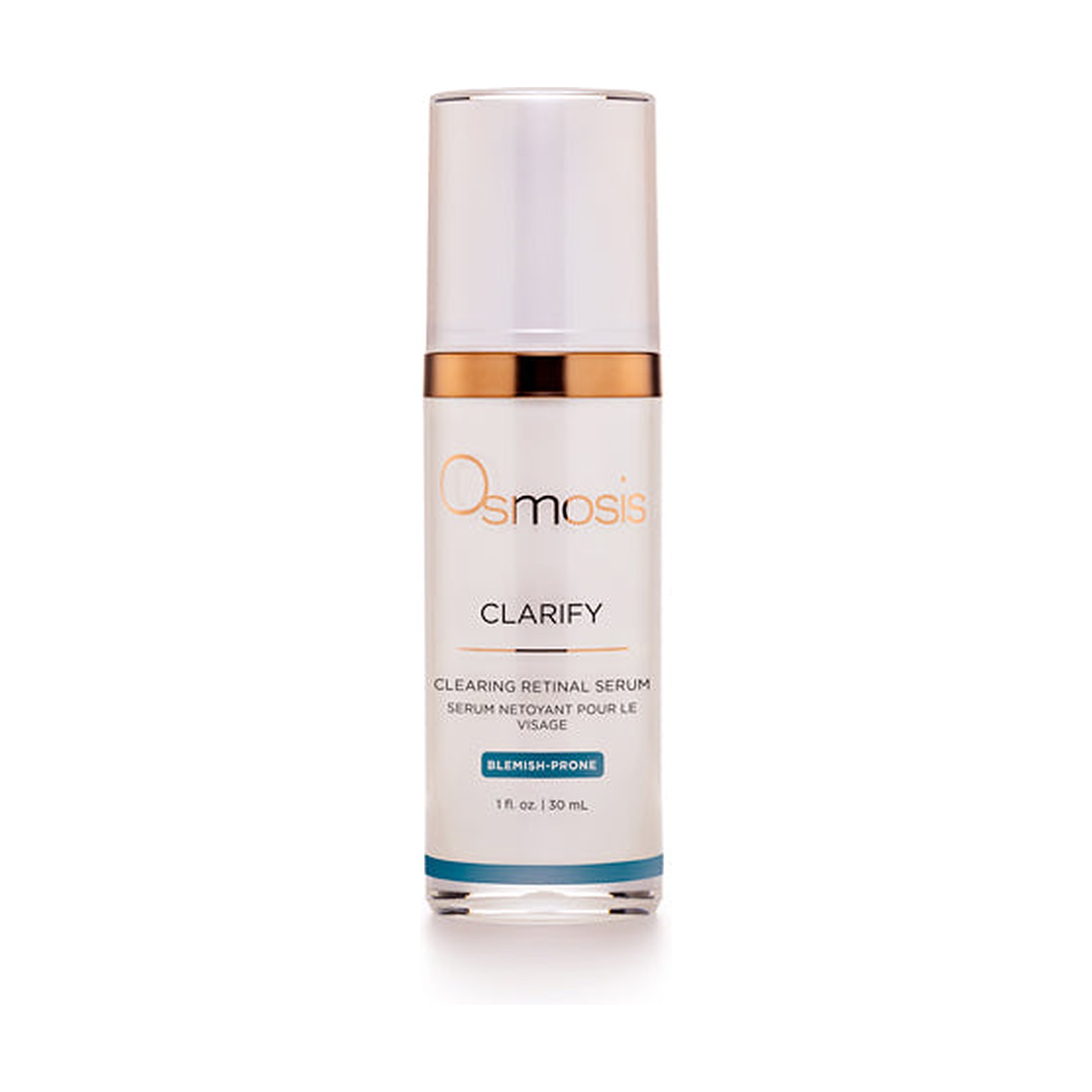 Osmosis Clarify Clearing Retinal Serum 30 mL, white box with copper brushstroke ring and blemish-prone label, front