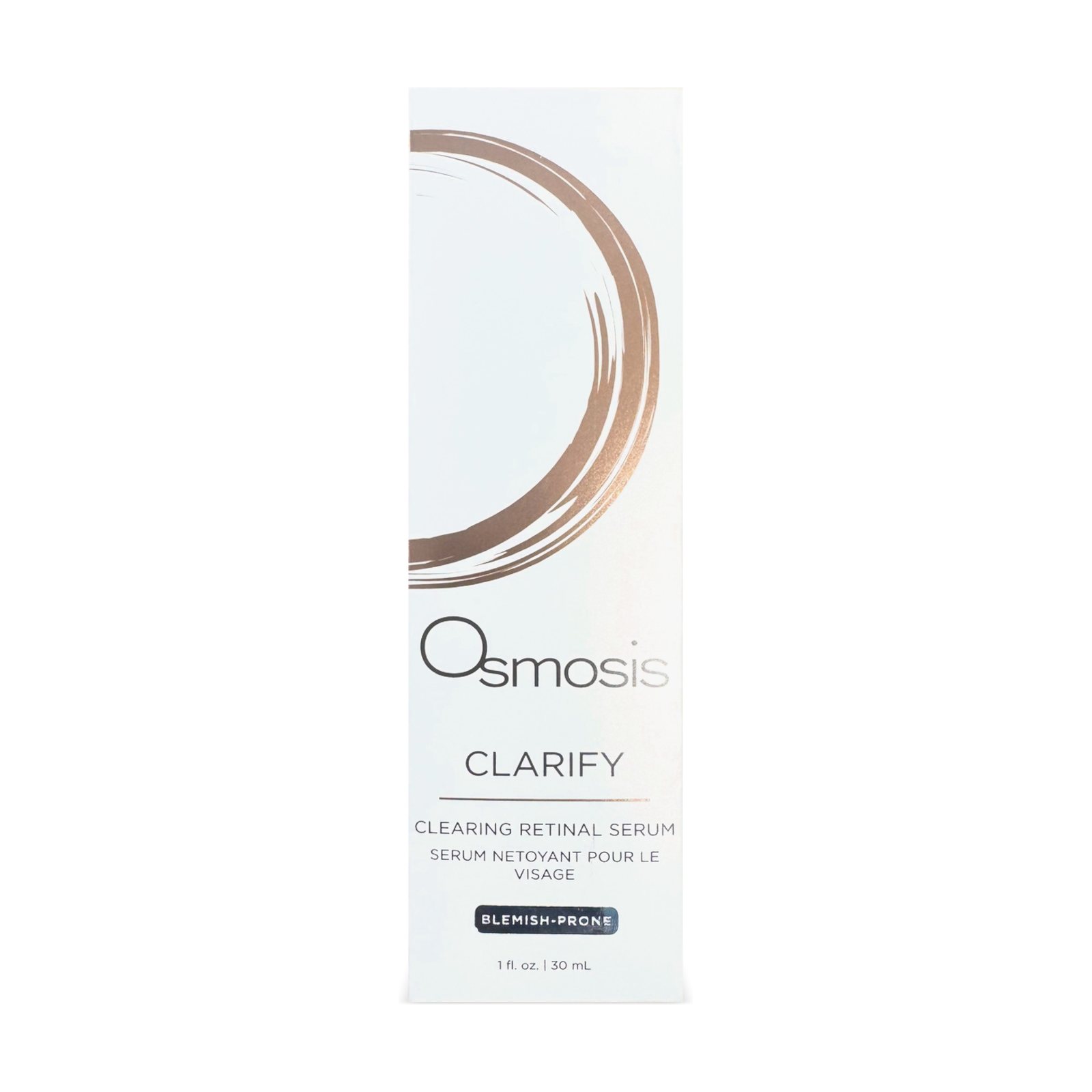 Osmosis Clarify Clearing Retinal Serum 30 mL, white box with copper brushstroke ring and blemish-prone label, front, 3D view