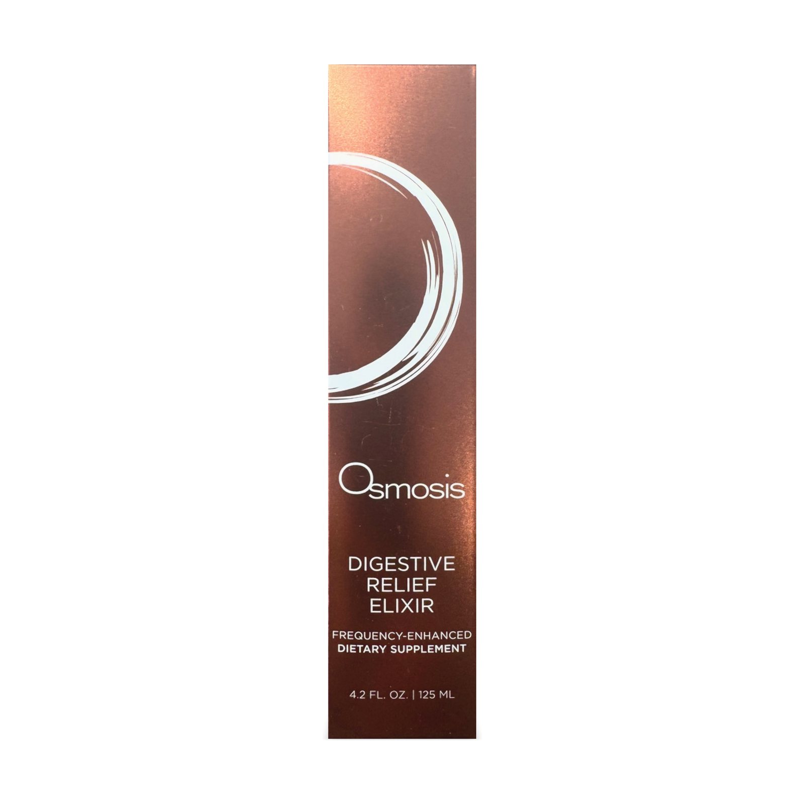 Osmosis Digestive Relief Elixir 125 mL, copper-brown box with white brushstroke ring, front, 3D view