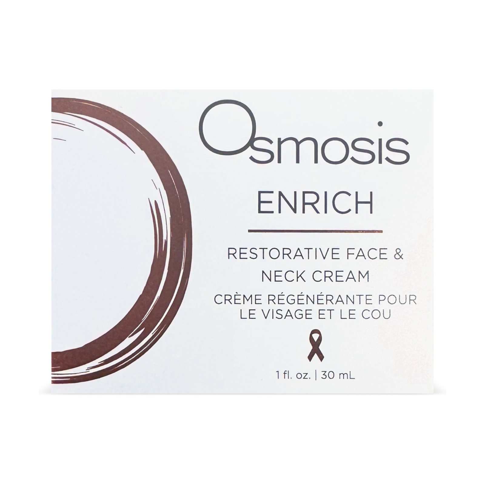 Osmosis Enrich Restorative Face & Neck Cream 30 mL, square white box with copper brushstroke ring, front, 3D view