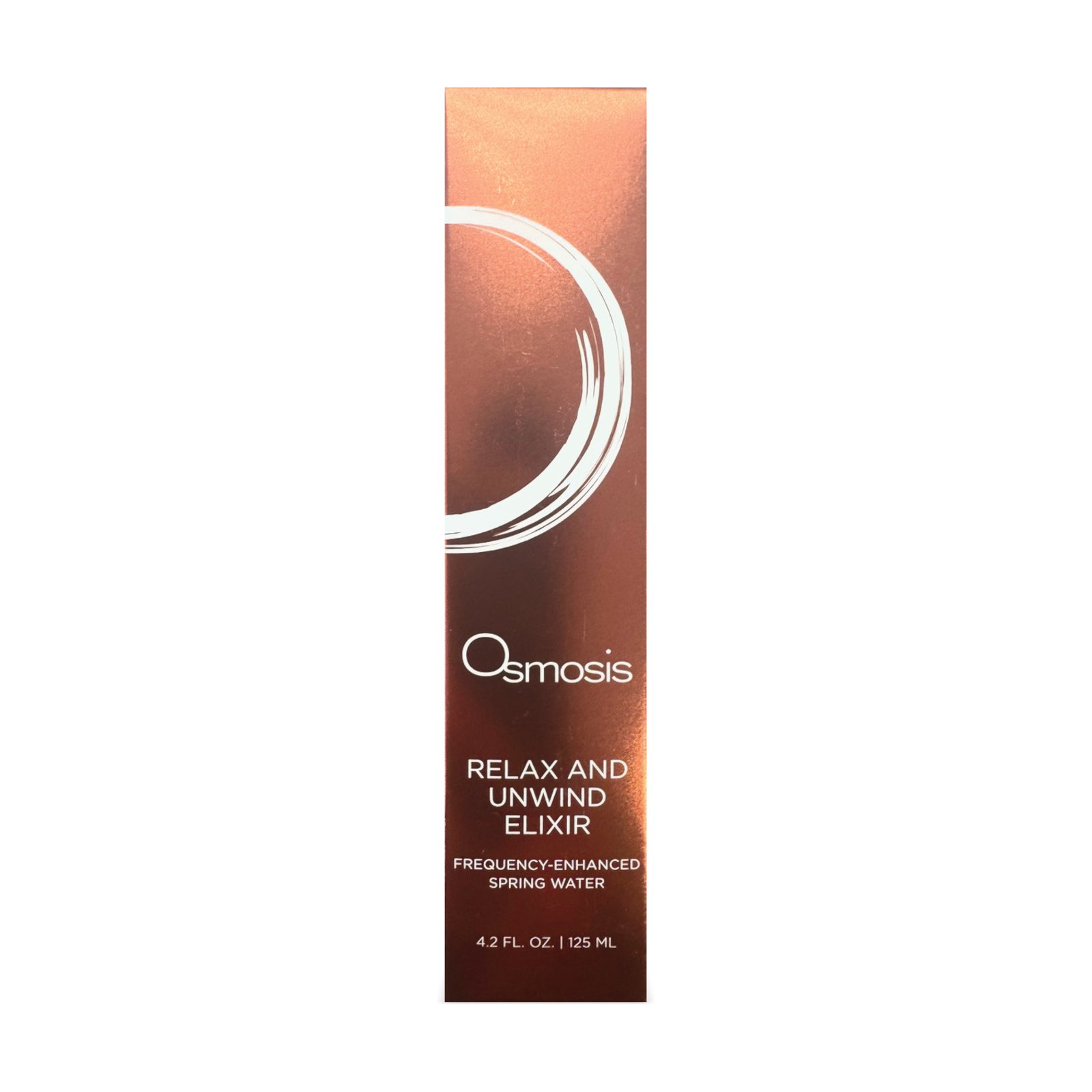 Osmosis Relax and Unwind Elixir 125 mL, copper-brown box with white brushstroke ring, front, 3D view