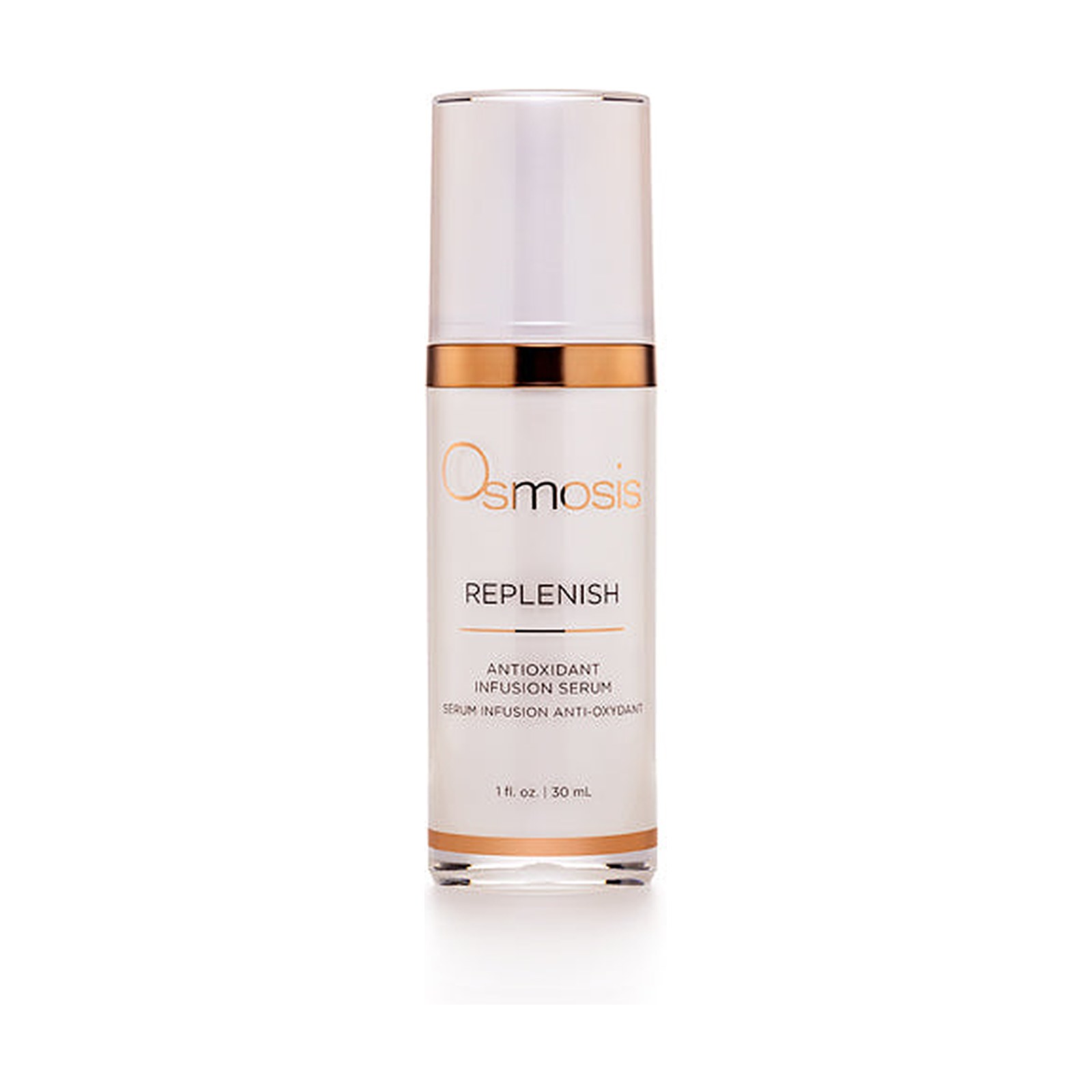 Osmosis Replenish Antioxidant Infusion Serum 30 mL, white box with copper brushstroke ring, front