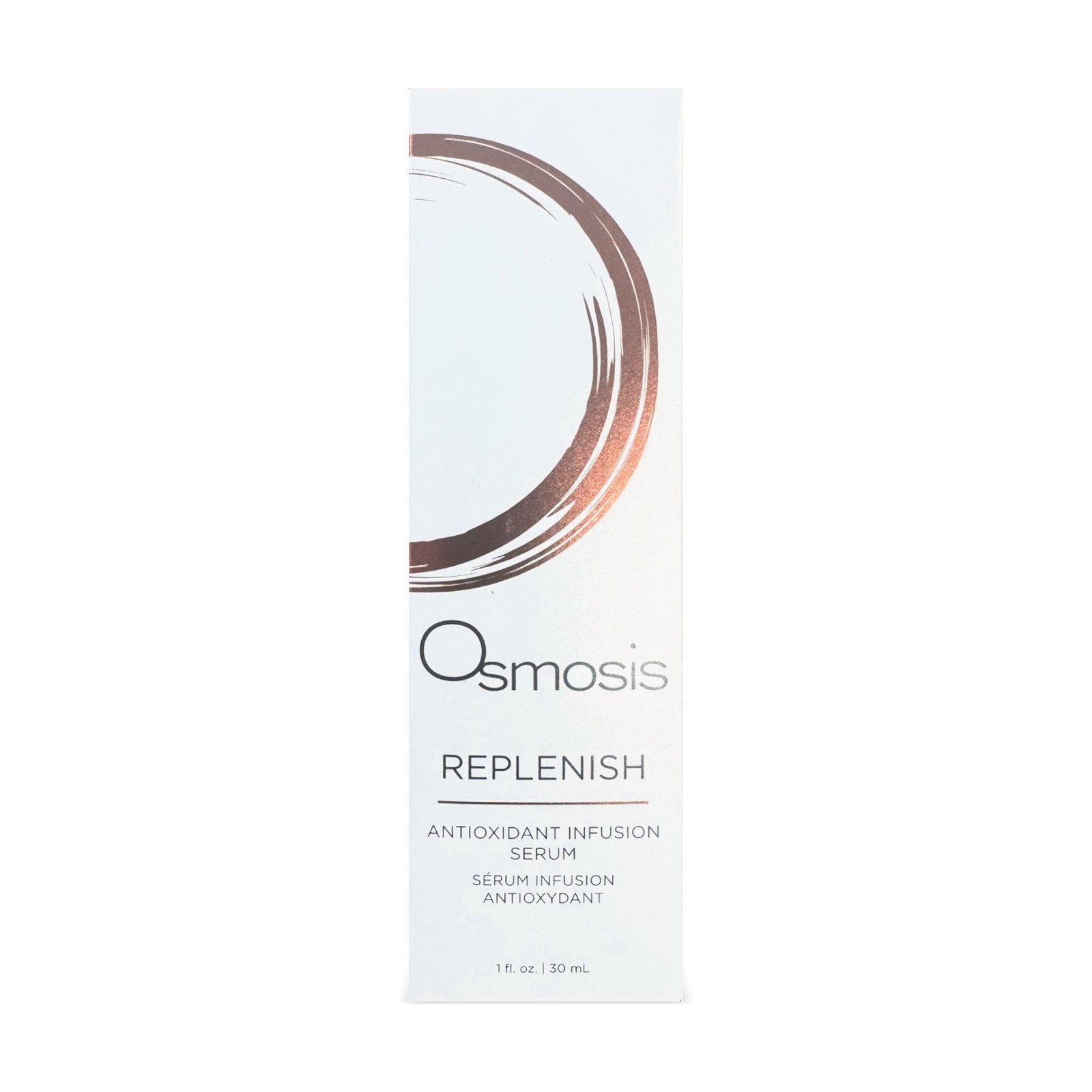 Osmosis Replenish Antioxidant Infusion Serum 30 mL, white box with copper brushstroke ring, front, 3D view