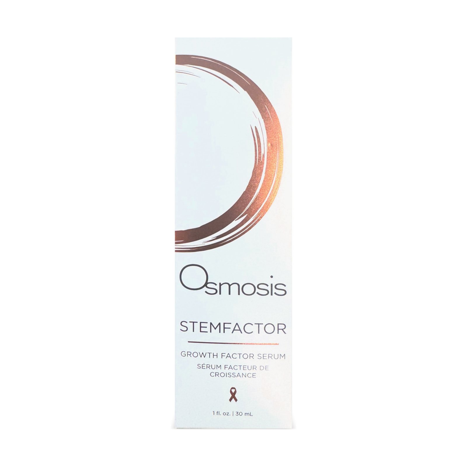 Osmosis StemFactor Growth Factor Serum 30 mL, white box with copper brushstroke ring, front, 3D view
